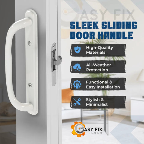 10 Inch White Sliding Patio Glass Offset Pull Handle Set Replacement Non Keyed Handle Fits 3 15/16 Inch Hole Spacing And 1 1/4 To 2 1/4 Inch Door Thickness With Four Hole Pattern Escutcheon Plate For Repair And Replacement Hardware