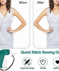 Top Shelf Clothing Stitch Gun Kit With No Sweat Quick Fix Sewing Tool, featuring before and after fabric repair results.
