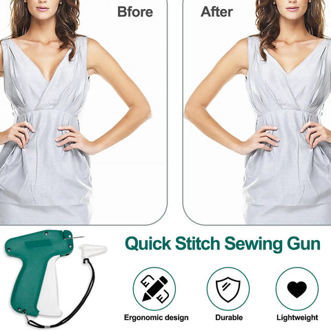 Top Shelf Clothing Stitch Gun Kit With No Sweat Quick Fix Sewing Tool, featuring before and after fabric repair results.