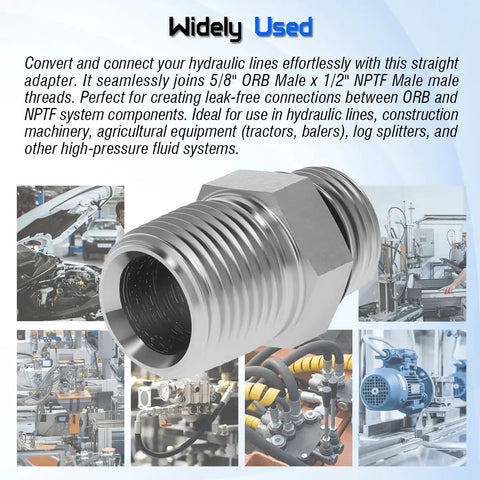 Hydraulic Hose Connector Adapter For Five Eighth Inch ORB Male To One Half Inch NPTF Male, Straight Fitting For Leak Free Hydraulic Line Connections, Precision Machined Durable Universal Compatibility, carbon steel