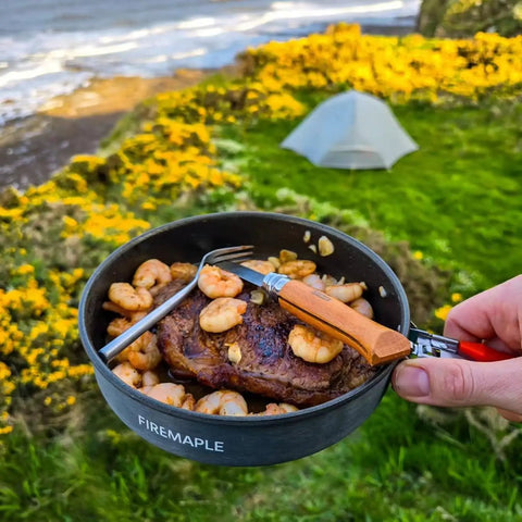 Durable 7.6 Inch Nonstick Camping Frying Pan For Easy Eggs And Steak, Hard Anodized Aluminum Skillet with shrimp and steak outdoors