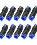 One Quarter Inch Push To Connect Air Hose Fittings Set Of 10 Quick Release Pneumatic Connectors Straight Union Two Way Couplers For Tubing Blue Plastic Air Line Fittings For Home Shop DIY Projects displayed on white background.
