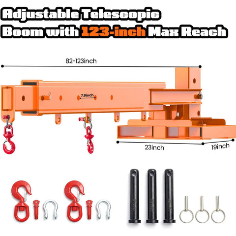 Built Tough Fork Mounted Jib Crane Boom Lift 6613 Lbs Capacity features an adjustable telescopic boom with dual swivel hooks.