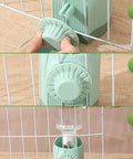 No Sweat Bird Feeder And Water Dispenser Set For Parrot Cages demonstrating installation steps with green plastic fixtures.