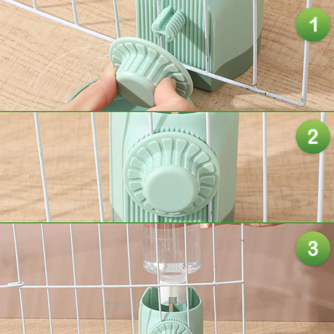 No Sweat Bird Feeder And Water Dispenser Set For Parrot Cages demonstrating installation steps with green plastic fixtures.