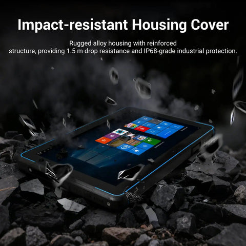 Top Tier ATEX Certified Explosion Proof Rugged Tablet 10 1 Inches Built Like A Tank For Hazardous Work Zones With Hella Tough Ip68 Shielding And Rock Solid Intel N5105 Specs Running Windows 11 on rocky surface.