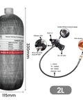 Carbon Fiber Paintball HPA Air Tank 2L 122 Cu In 4500 PSI PCP System With Dual Gauge Valve And 24 Inch High Pressure Hose Dual Quick Disconnect M18x1.5 Thread shown.