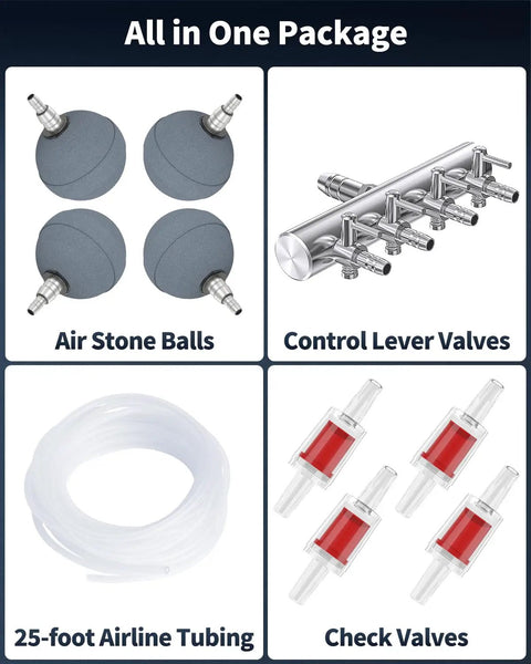 Components of Outdoor Pond Air Pump 500 GPH Aerator Kit For Fish And Koi Ponds Up To 3000 Gallons With Adjustable Flow