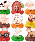 9 Piece Farm Honeycomb Centerpieces Set For Birthday Parties Farm Animal Theme Table Decor with barn, animals, and tractor designs