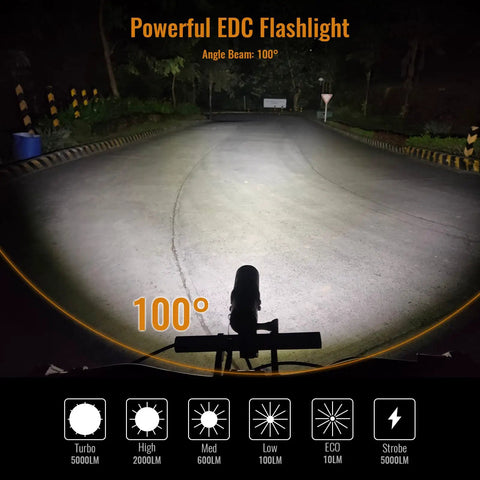 Ultra Bright 5000 Lumen USB C Rechargeable LED Flashlight For Camping And EDC Go To Light angled beam illuminating road
