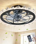 Yunstore Vaxlamp 21" Caged Ceiling Fan with Light and Remote (Matte Black Pointed Tip) with remote control and visible airflow.