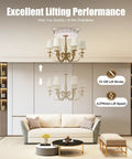 Heavy Duty Electric Chandelier Hoist 330 Lbs Motorized Ceiling Lift Remote for High Ceilings in an elegant living room setting.