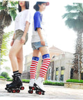 Two skaters on street wearing quad skates with double row roller skating wheels 95A PU wear resistant inline and quad skates replacement parts kit