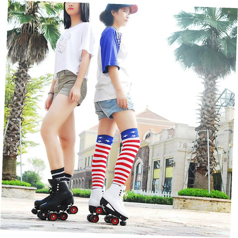 Two skaters on street wearing quad skates with double row roller skating wheels 95A PU wear resistant inline and quad skates replacement parts kit