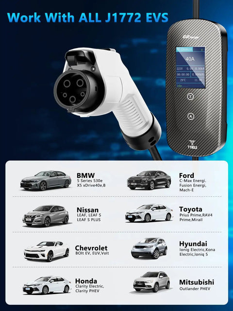 Portable Level 2 EV Charger 40 Amp 9.6kW With 23-Foot J1772 Cable NEMA 14-50P 240V Outlet Delayed Start Home Charging Station for BEVs
