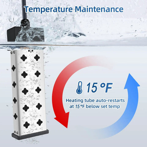 Immersion Water Heater 1800W 120V with digital thermostat submerged in water showing temperature maintenance feature