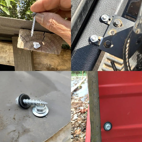 White Metal Roofing Screws Kit With 150 Pcs 10x1 Inch Galvanized Hex Head Self Tapping Screws With EPDM Washer For Metal To Wood Siding And Corrugated Roofing Includes Free One Quarter Inch Hex Driver Bit showing installation and close-up details.