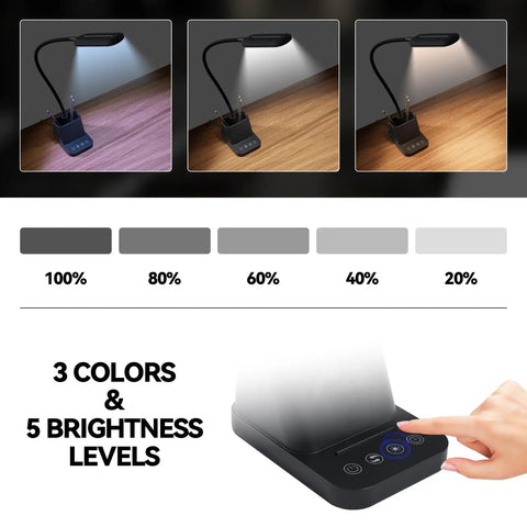 LED Desk Lamp With USB Charging Port And Pen Holder showing 3 color temperatures and 5 brightness levels, touch controls highlighted.