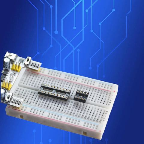 6 In 1 Narrow Body 2.54mm DIP IC Sockets Kit With Round Pin Solderable Headers on a breadboard, PCB compatible