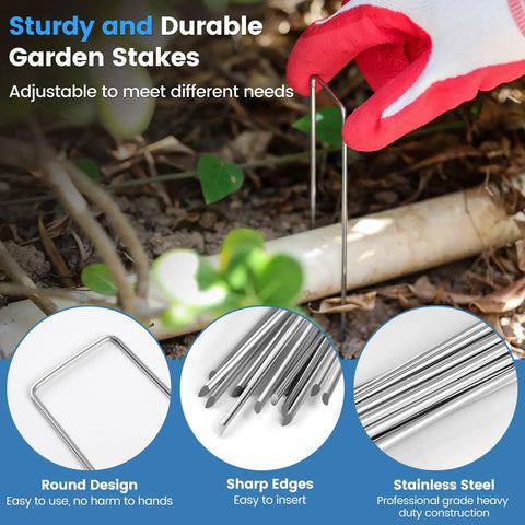 Heavy Duty Garden Stakes 50 Pack 6 Inch 11 Gauge Landscape Staples securing garden landscape fabric shown.