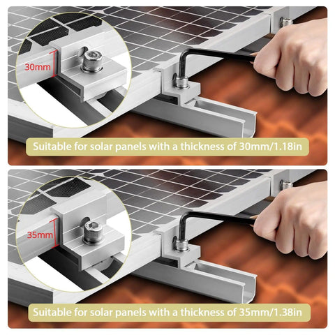 Six Pack Solar Panel Mounting Brackets Kit with 7.87 Inch Aluminum Rails and 30mm and 35mm End Clamps installation on roof