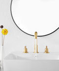 360 Degree Swivel Spout 8 Inch Widespread Two Handle Bathroom Faucet In Antique Brass With Pop Up Drain, deck mounted, front view