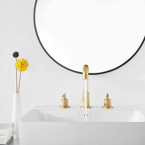 360 Degree Swivel Spout 8 Inch Widespread Two Handle Bathroom Faucet In Antique Brass With Pop Up Drain, deck mounted, front view