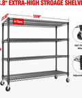 Built Different 4 Tier Metal Shelving Unit With Smooth Rolling Wheels Heavy Duty Carbon Steel Mesh Construction featuring 4 tiers and wheels.