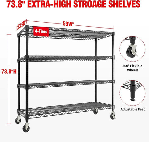 Tough As Nails 4 Tier Metal Wire Shelving Rack With Smooth Rolling Casters And Rust Resistant Matte Black Finish side view with dimensions.