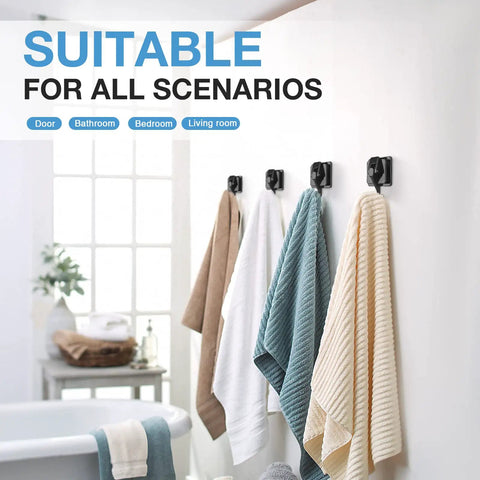 Heavy Duty Vacuum Cup Hooks Set No Drill No Holes Removable Suction Hooks in bathroom holding towels, black finish 2 pack