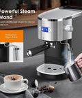Top Shelf Commercial Espresso Machine With 20 Bar Pump And Smart Pre Infusion Silky Milk Frothing Steam Wand with steam and coffee.
