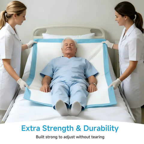 Two caregivers adjusting Top Shelf Super Absorbent Disposable Adult Bed Pads on a bed with a patient for protection.