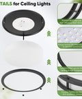 Exploded view of Two Pack 36W LED Ceiling Lights Black 13 Inch Flush Mount 3600 Lumens 2700K 3000K 4000K 5000K 6500K Color Changing Dimmable