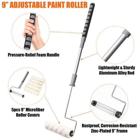 9 inch extendable paint roller kit with 6 pack includes five microfiber roller covers 1/2 inch nap telescoping frame details