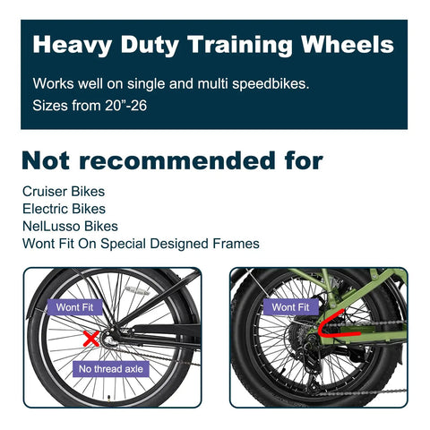 Diagram showing compatibility of heavy duty training wheels with bikes, highlighting suitable axle types and sizes.