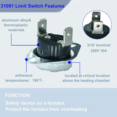 31091 High Temperature Limit Switch Replacement 190F for Atwood, Hydro Flame, and Dometic RV furnace heaters, aluminum thermoplastic.