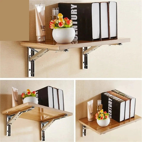 Heavy Duty Folding Shelf Brackets 2 Pack Stainless Steel Collapsible Wall Mounts Built Tough As Nails Smooth DIY setup with 14 inch shelf.