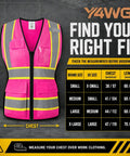 Snug Fit Reflective Safety Vest For Women With Utility Pockets Adjustable Elastic Waist in bright pink, size chart displayed.