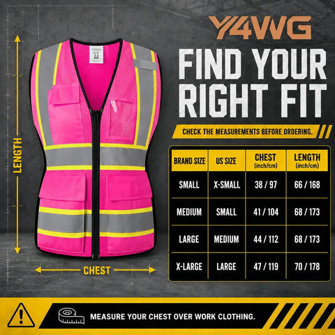Snug Fit Reflective Safety Vest For Women With Utility Pockets Adjustable Elastic Waist in bright pink, size chart displayed.
