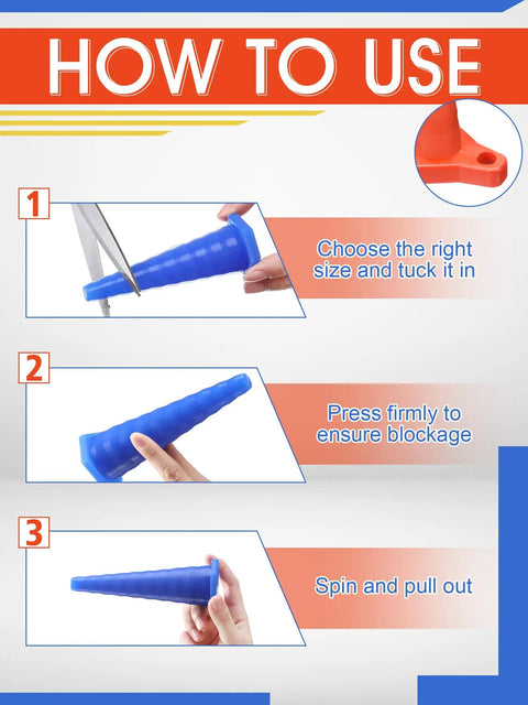 Instructions for using Big 42 Piece Hydraulic Oil Service Plugs Set with blue rubber plugs shown being inserted and removed.