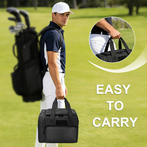 Golfer carrying a black Golf Trunk Organizer Bag With Bottom Shoe Space, Reinforced Structure, and Multiple Pockets on a golf course