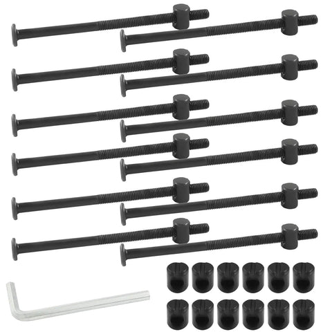 Heavy Duty M6 X 110mm Black Bunk Bed Bolts With Barrel Nuts And Hex Key 12 Piece Set arranged in a row with tools.