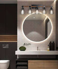 Five Light Farmhouse Vanity Light With Black Wood And Metal Cage For Bathroom Over Mirror, illuminating round mirror