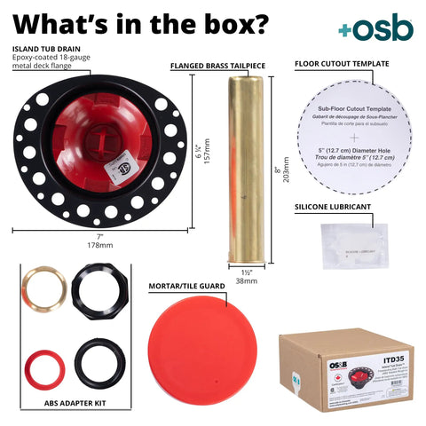 Contents of Two Piece ABS Freestanding Tub Drain Kit And Rough In With No Fuss Install including parts and accessories overview.