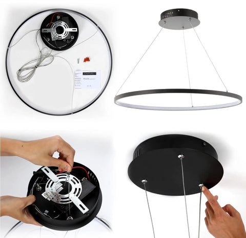 Round Hoop LED Pendant Light With Integrated Dimmable LEDs, Adjustable Height, Modern Chrome Finish, installation details