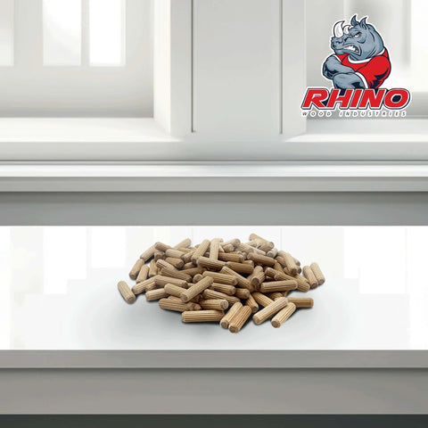 Birch Wood Dowel Pins One Quarter Inch By One Inch One Hundred Pack Kiln Dried Fluted Beveled Ends on a shelf