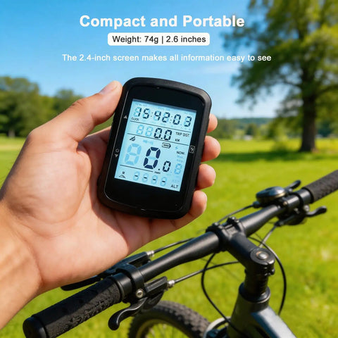 Hand holding GPS Cycling Computer With Wireless Ride Data, IPX7 Waterproof Bike Speedometer Odometer, 2.4 Inch LCD With Backlight