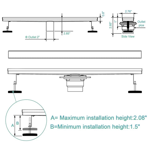 Technical drawing of 36 Inch Linear Shower Drain With Flange Hair Catcher For Tiled Inserts In SUS 304 Stainless Steel, High Flow