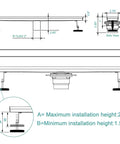 Diagram of 24 Inch Linear Shower Drain With Tile Insert Grate And Hair Strainer, Includes PVC Base And Adjustable Leveling Feet, Brushed 304 Stainless Finish, High Flow 36 LPM, Rectangle Floor Drain For Easy Tile Install, showing dimensions and components.