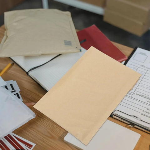 20 Pack Kraft Paper Bubble Mailers With Self Sealing Design And Shockproof Padding, 22x34cm on a desk with documents